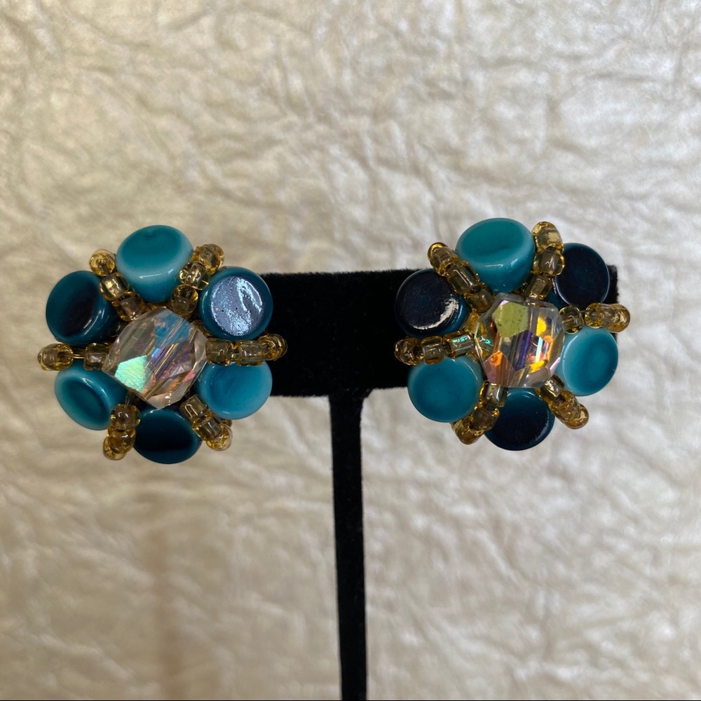 Vintage Japan Teal & Yellow Clip On Earrings